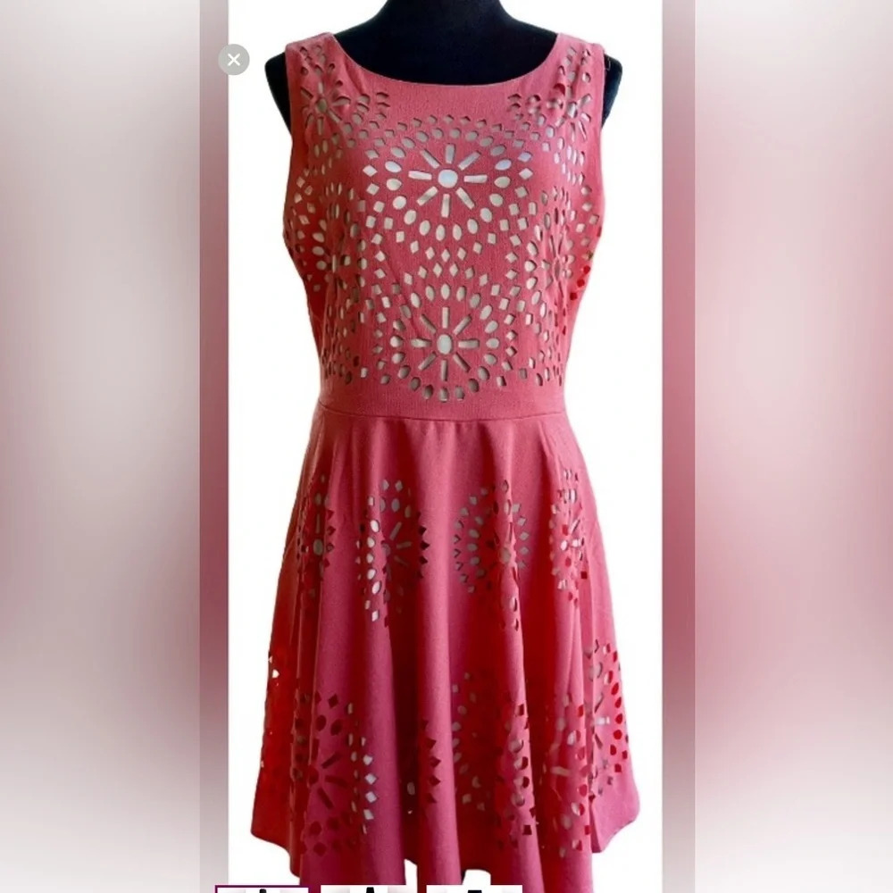 Aryeh coral laxer cut out eyelet swing dress sz L #005